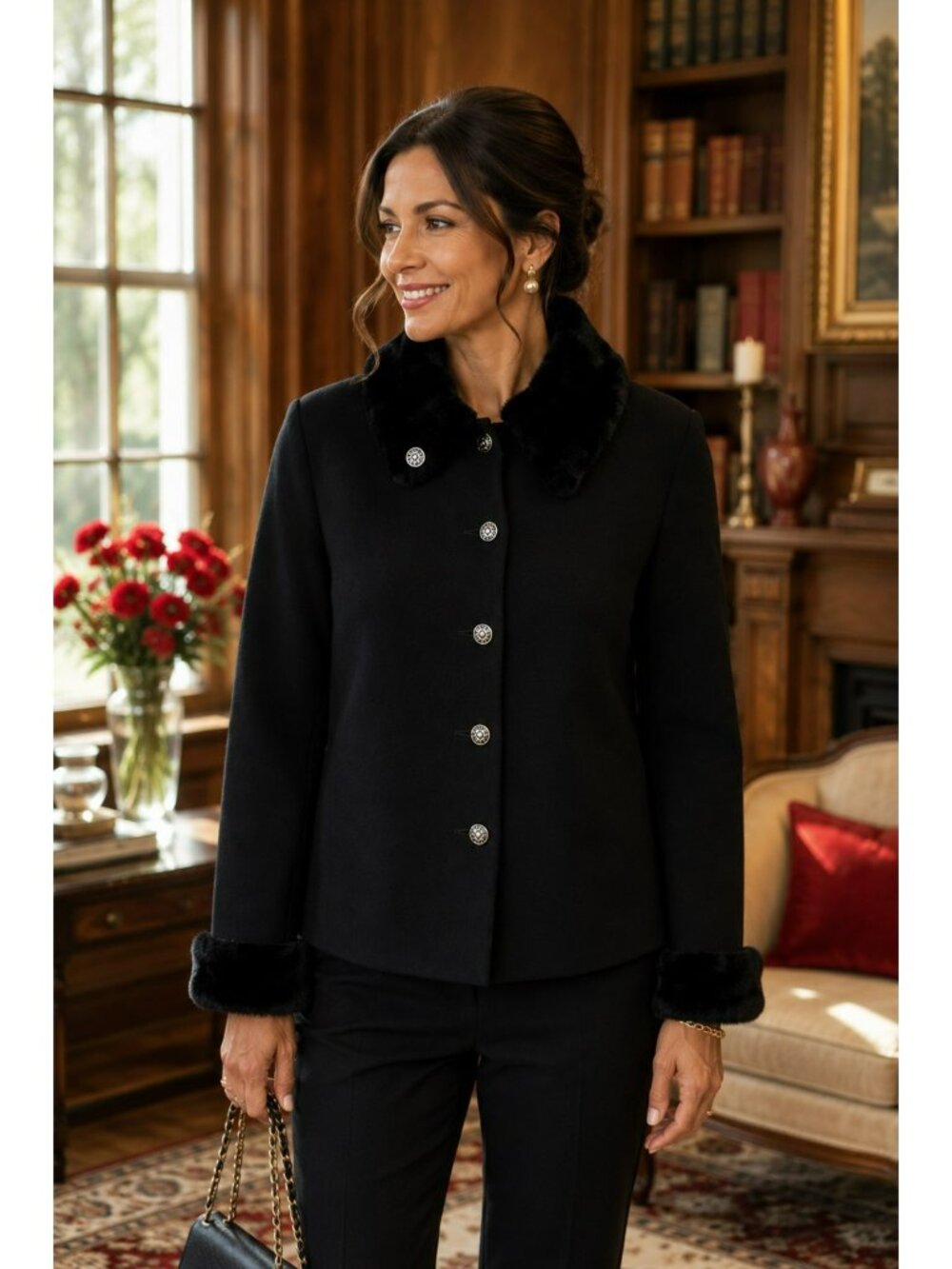 St. John Collection Womens Black Button-Up Jacket Size 14 With Faux Fur Collar & - Picture 12 of 15
